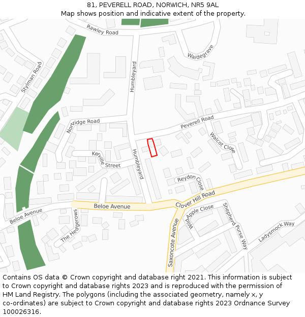 81, PEVERELL ROAD, NORWICH, NR5 9AL: Location map and indicative extent of plot