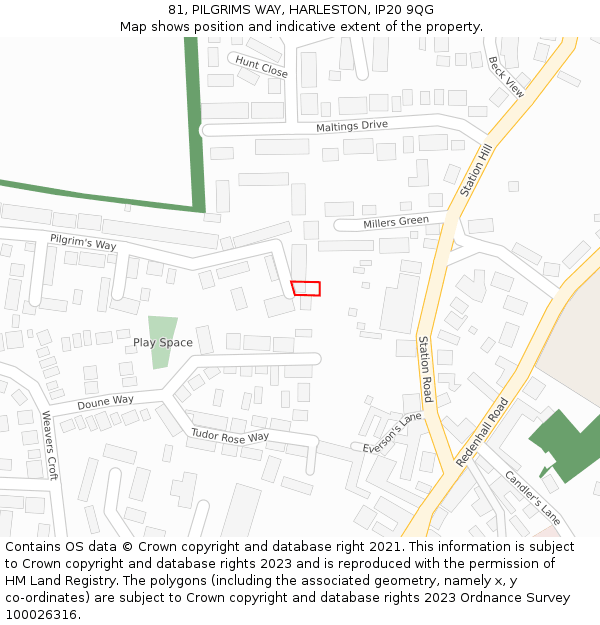81, PILGRIMS WAY, HARLESTON, IP20 9QG: Location map and indicative extent of plot