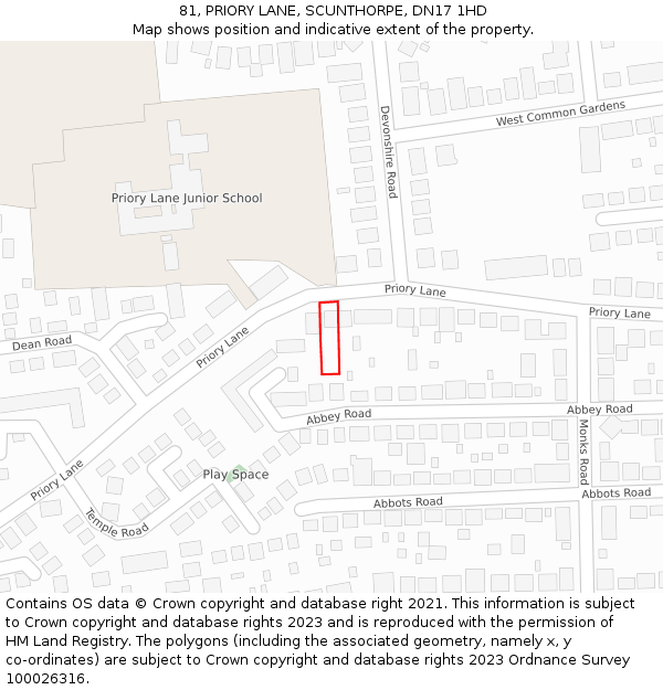 81, PRIORY LANE, SCUNTHORPE, DN17 1HD: Location map and indicative extent of plot