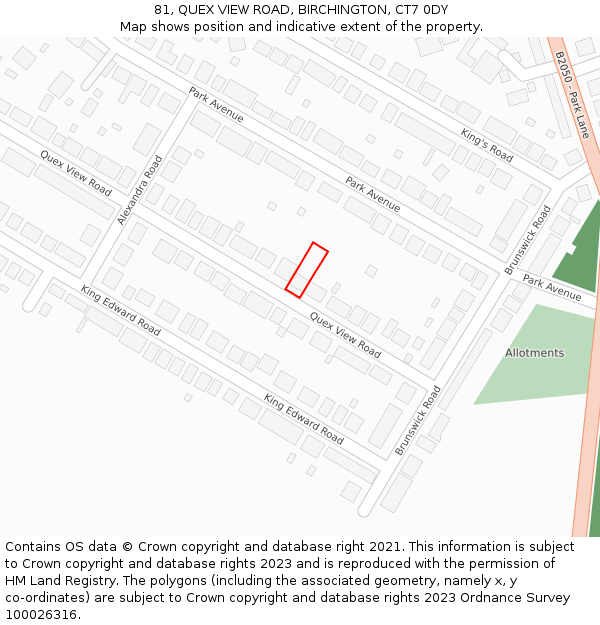 81, QUEX VIEW ROAD, BIRCHINGTON, CT7 0DY: Location map and indicative extent of plot