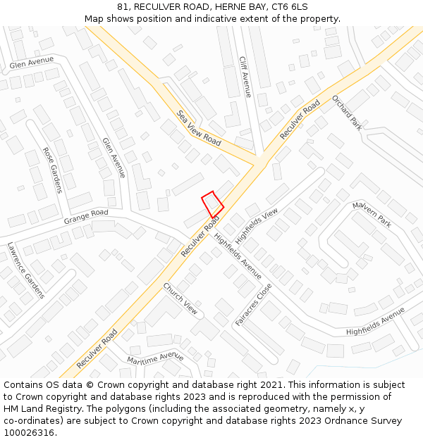 81, RECULVER ROAD, HERNE BAY, CT6 6LS: Location map and indicative extent of plot