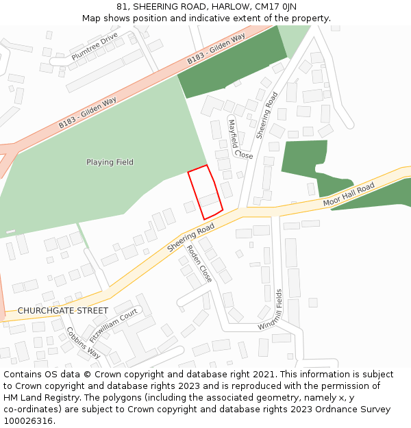 81, SHEERING ROAD, HARLOW, CM17 0JN: Location map and indicative extent of plot