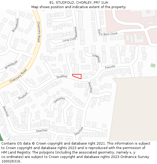 81, STUDFOLD, CHORLEY, PR7 1UA: Location map and indicative extent of plot