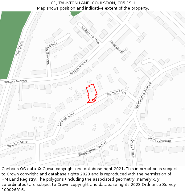 81, TAUNTON LANE, COULSDON, CR5 1SH: Location map and indicative extent of plot