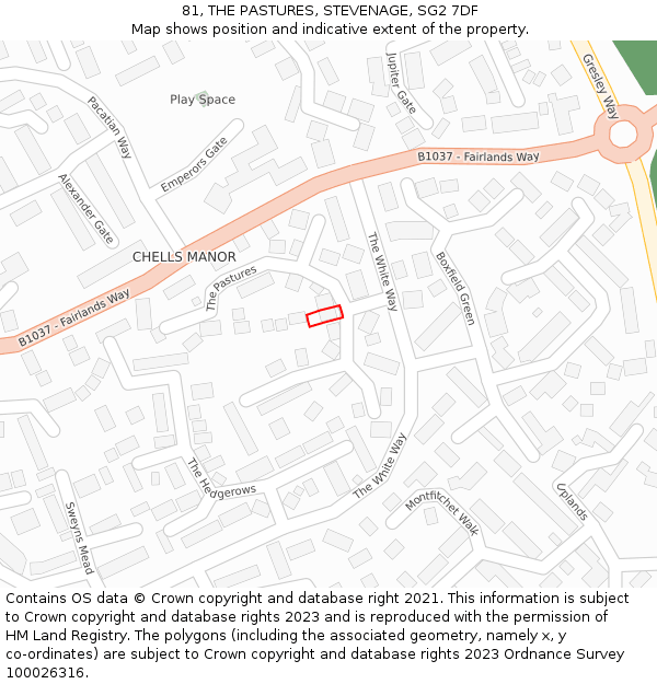 81, THE PASTURES, STEVENAGE, SG2 7DF: Location map and indicative extent of plot