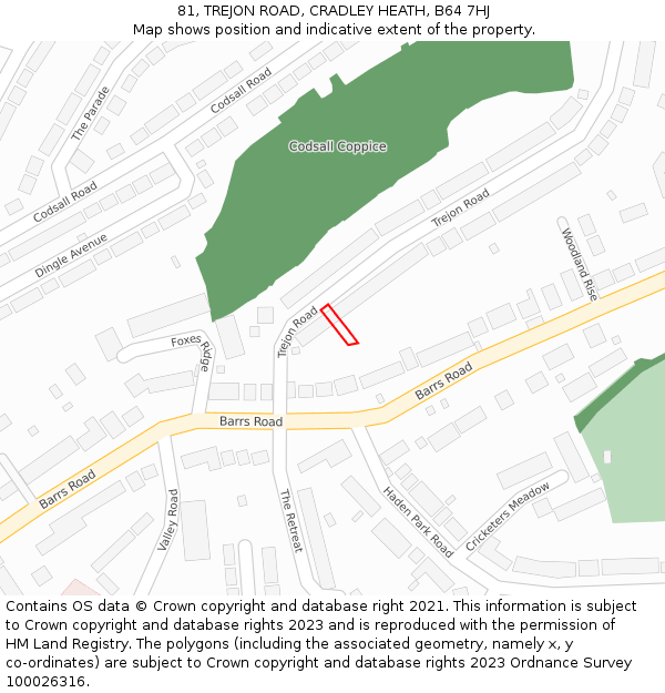 81, TREJON ROAD, CRADLEY HEATH, B64 7HJ: Location map and indicative extent of plot