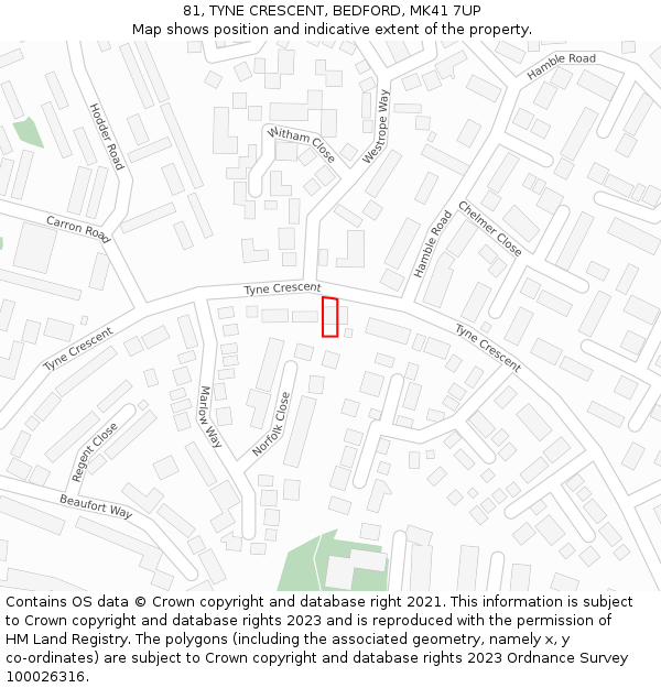 81, TYNE CRESCENT, BEDFORD, MK41 7UP: Location map and indicative extent of plot