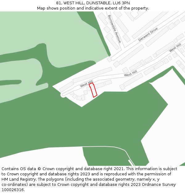 81, WEST HILL, DUNSTABLE, LU6 3PN: Location map and indicative extent of plot