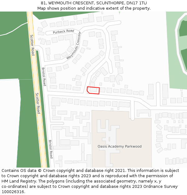 81, WEYMOUTH CRESCENT, SCUNTHORPE, DN17 1TU: Location map and indicative extent of plot