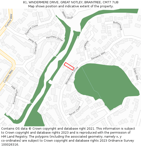 81, WINDERMERE DRIVE, GREAT NOTLEY, BRAINTREE, CM77 7UB: Location map and indicative extent of plot