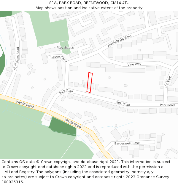 81A, PARK ROAD, BRENTWOOD, CM14 4TU: Location map and indicative extent of plot