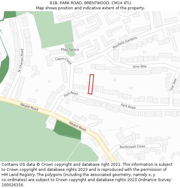 81B, PARK ROAD, BRENTWOOD, CM14 4TU: Location map and indicative extent of plot