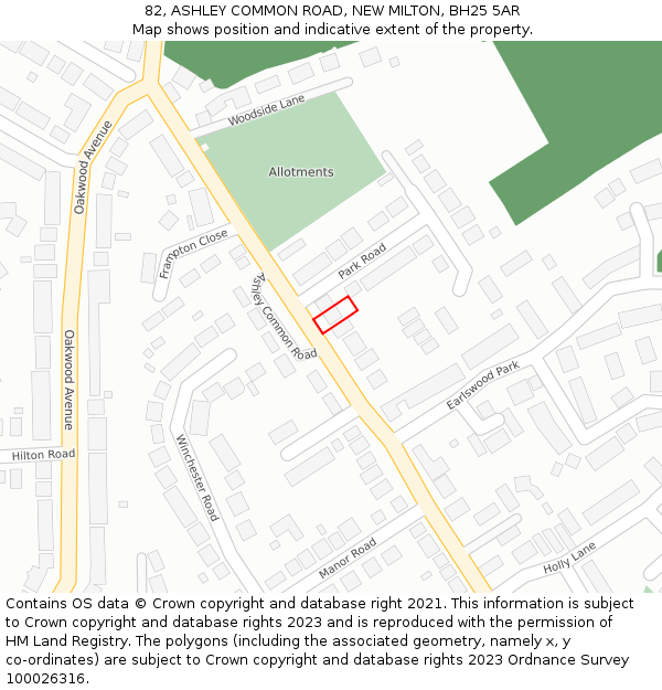 82, ASHLEY COMMON ROAD, NEW MILTON, BH25 5AR: Location map and indicative extent of plot