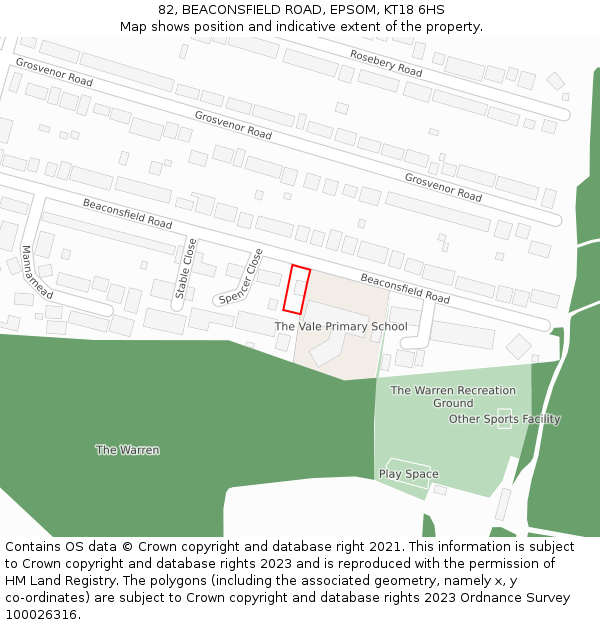 82, BEACONSFIELD ROAD, EPSOM, KT18 6HS: Location map and indicative extent of plot