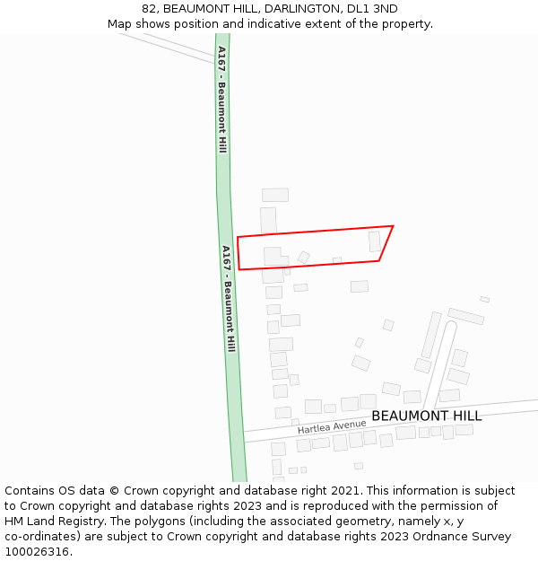 82, BEAUMONT HILL, DARLINGTON, DL1 3ND: Location map and indicative extent of plot