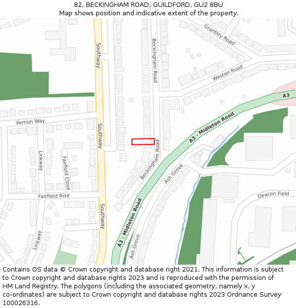 82, BECKINGHAM ROAD, GUILDFORD, GU2 8BU: Location map and indicative extent of plot