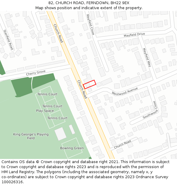82, CHURCH ROAD, FERNDOWN, BH22 9EX: Location map and indicative extent of plot