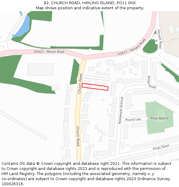 82, CHURCH ROAD, HAYLING ISLAND, PO11 0NX: Location map and indicative extent of plot