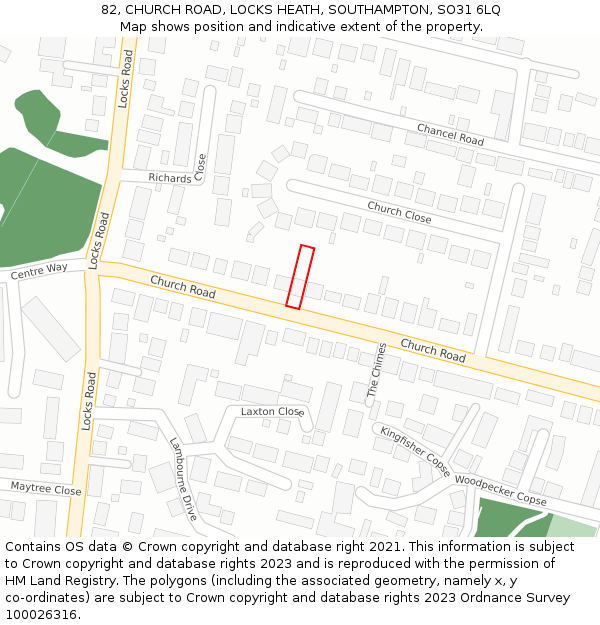 82, CHURCH ROAD, LOCKS HEATH, SOUTHAMPTON, SO31 6LQ: Location map and indicative extent of plot