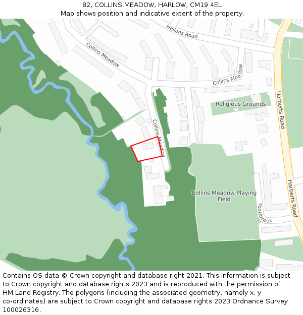 82, COLLINS MEADOW, HARLOW, CM19 4EL: Location map and indicative extent of plot