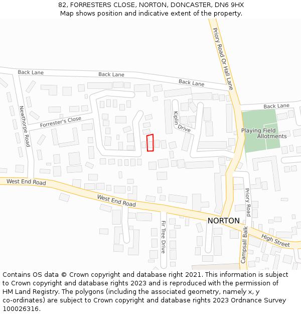 82, FORRESTERS CLOSE, NORTON, DONCASTER, DN6 9HX: Location map and indicative extent of plot