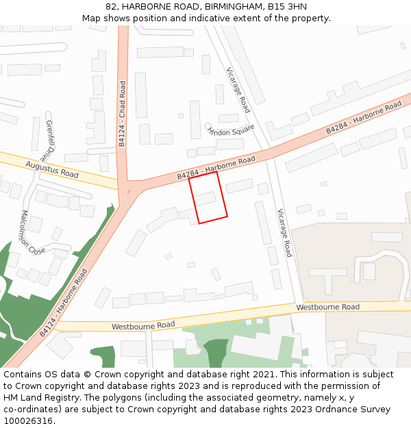 82, HARBORNE ROAD, BIRMINGHAM, B15 3HN: Location map and indicative extent of plot