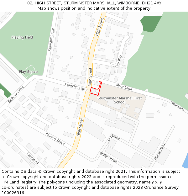 82, HIGH STREET, STURMINSTER MARSHALL, WIMBORNE, BH21 4AY: Location map and indicative extent of plot