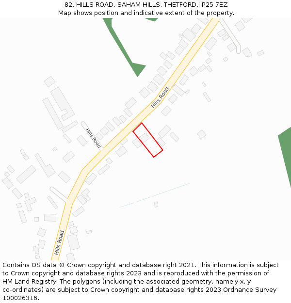 82, HILLS ROAD, SAHAM HILLS, THETFORD, IP25 7EZ: Location map and indicative extent of plot