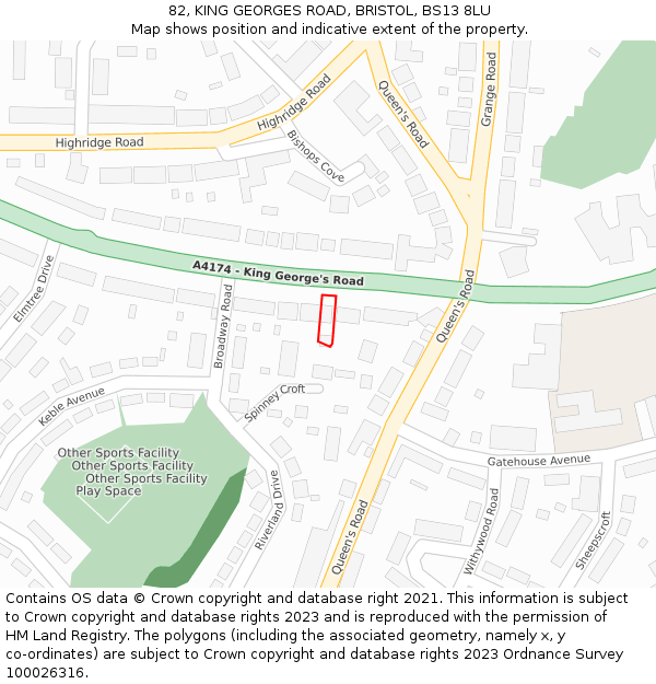 82, KING GEORGES ROAD, BRISTOL, BS13 8LU: Location map and indicative extent of plot