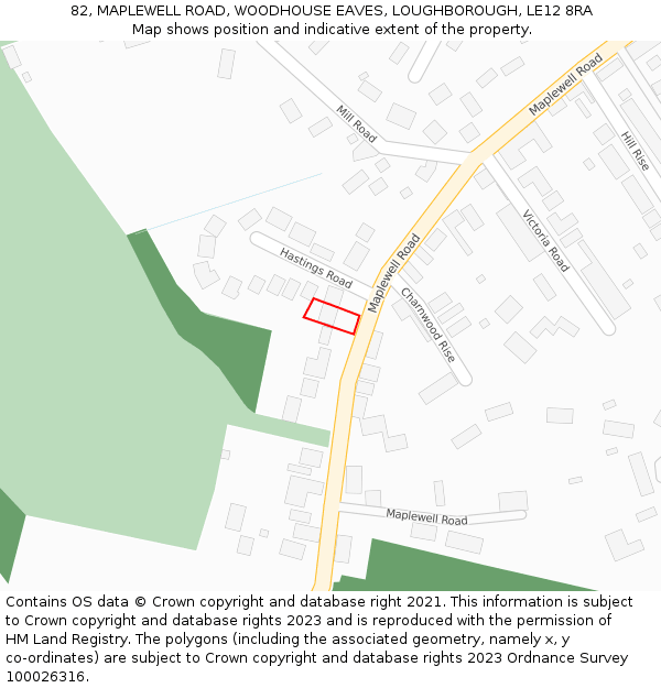 82, MAPLEWELL ROAD, WOODHOUSE EAVES, LOUGHBOROUGH, LE12 8RA: Location map and indicative extent of plot