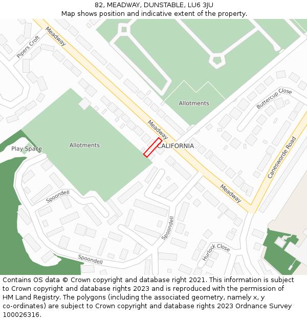 82, MEADWAY, DUNSTABLE, LU6 3JU: Location map and indicative extent of plot