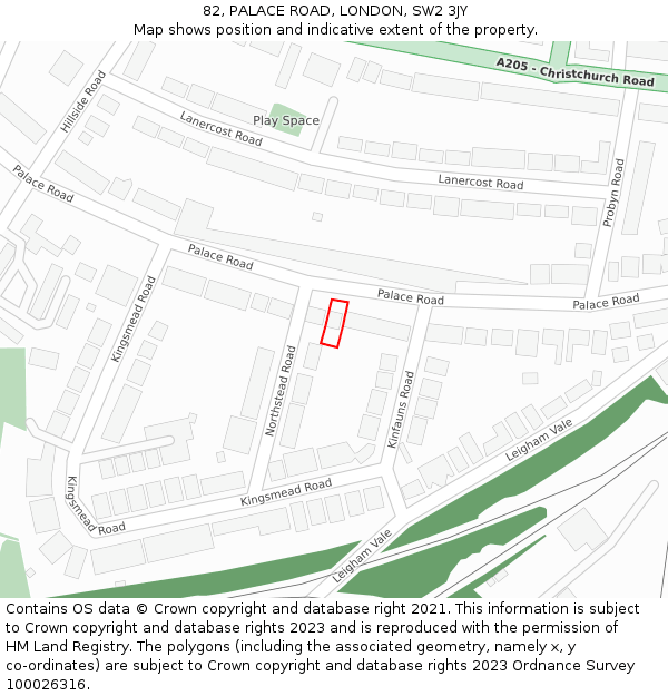 82, PALACE ROAD, LONDON, SW2 3JY: Location map and indicative extent of plot