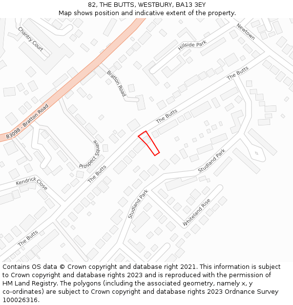 82, THE BUTTS, WESTBURY, BA13 3EY: Location map and indicative extent of plot