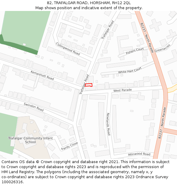 82, TRAFALGAR ROAD, HORSHAM, RH12 2QL: Location map and indicative extent of plot