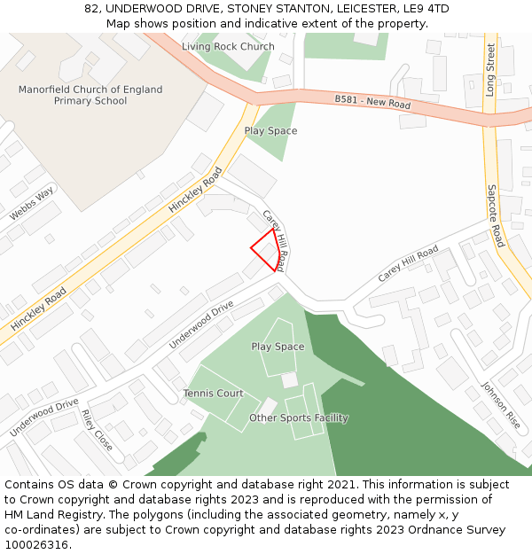 82, UNDERWOOD DRIVE, STONEY STANTON, LEICESTER, LE9 4TD: Location map and indicative extent of plot