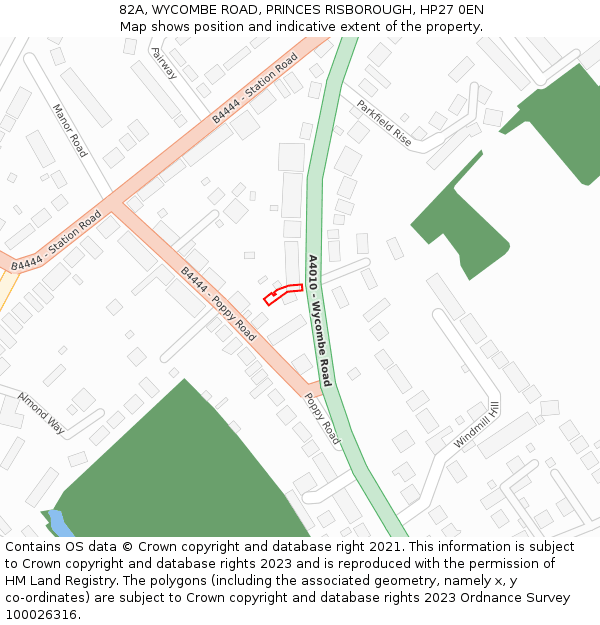 82A, WYCOMBE ROAD, PRINCES RISBOROUGH, HP27 0EN: Location map and indicative extent of plot