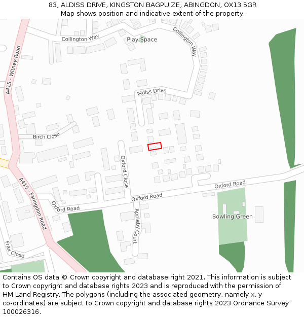 83, ALDISS DRIVE, KINGSTON BAGPUIZE, ABINGDON, OX13 5GR: Location map and indicative extent of plot