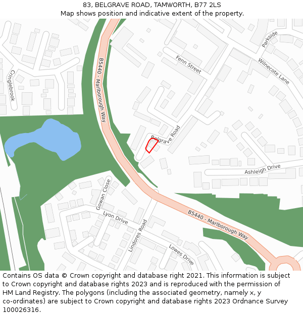 83, BELGRAVE ROAD, TAMWORTH, B77 2LS: Location map and indicative extent of plot