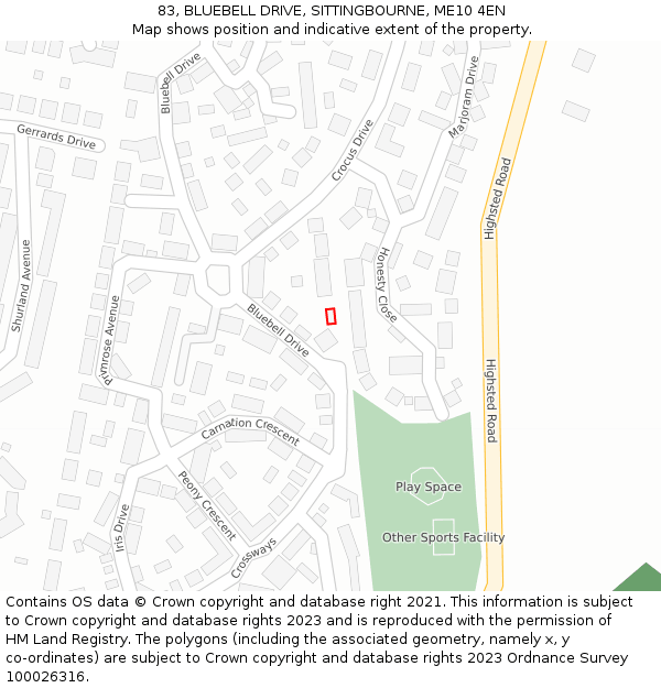 83, BLUEBELL DRIVE, SITTINGBOURNE, ME10 4EN: Location map and indicative extent of plot