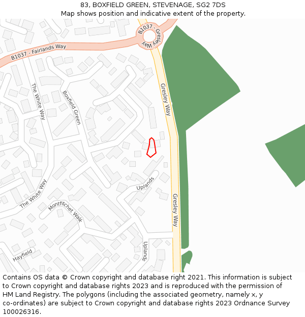 83, BOXFIELD GREEN, STEVENAGE, SG2 7DS: Location map and indicative extent of plot