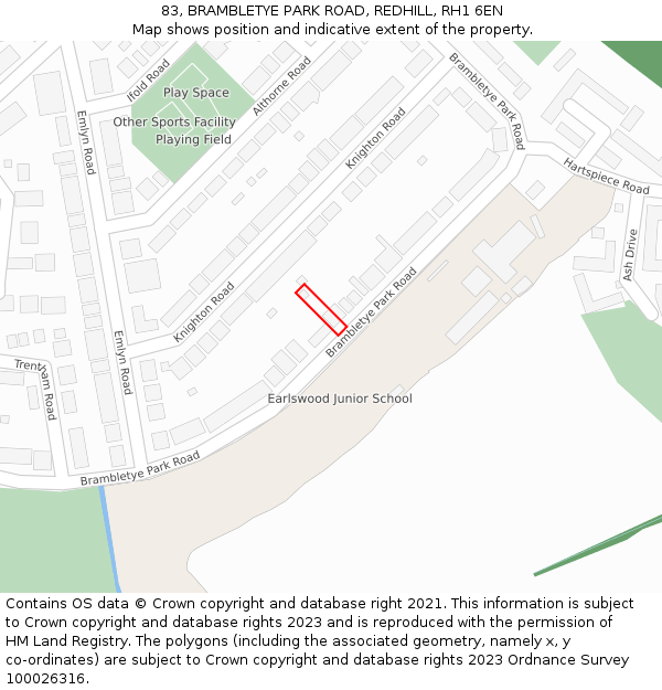 83, BRAMBLETYE PARK ROAD, REDHILL, RH1 6EN: Location map and indicative extent of plot