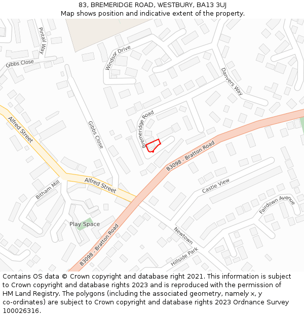 83, BREMERIDGE ROAD, WESTBURY, BA13 3UJ: Location map and indicative extent of plot