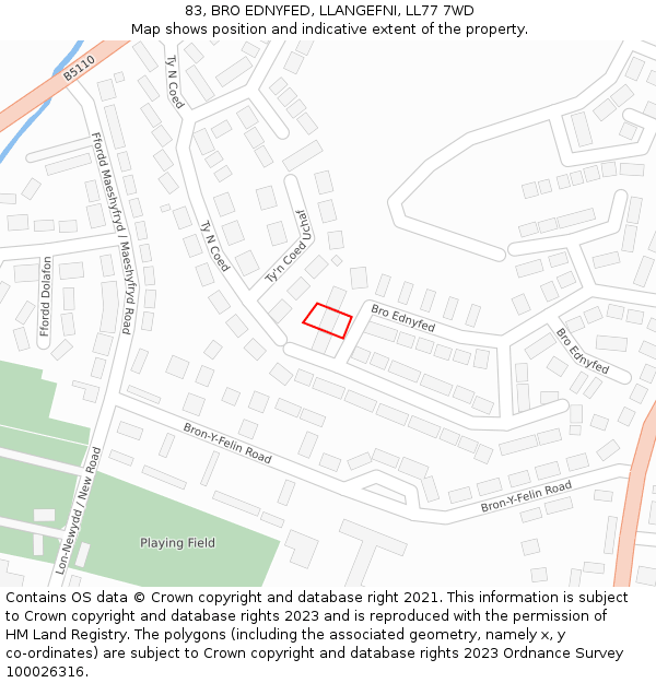 83, BRO EDNYFED, LLANGEFNI, LL77 7WD: Location map and indicative extent of plot