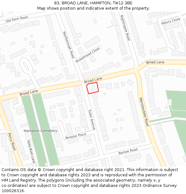 83, BROAD LANE, HAMPTON, TW12 3BE: Location map and indicative extent of plot