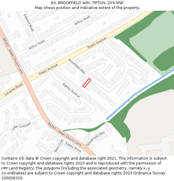 83, BROOKFIELD WAY, TIPTON, DY4 0NE: Location map and indicative extent of plot