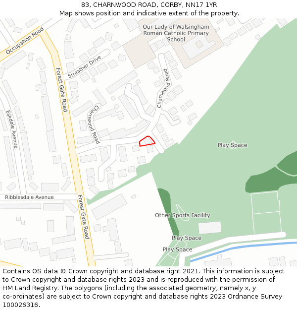 83, CHARNWOOD ROAD, CORBY, NN17 1YR: Location map and indicative extent of plot