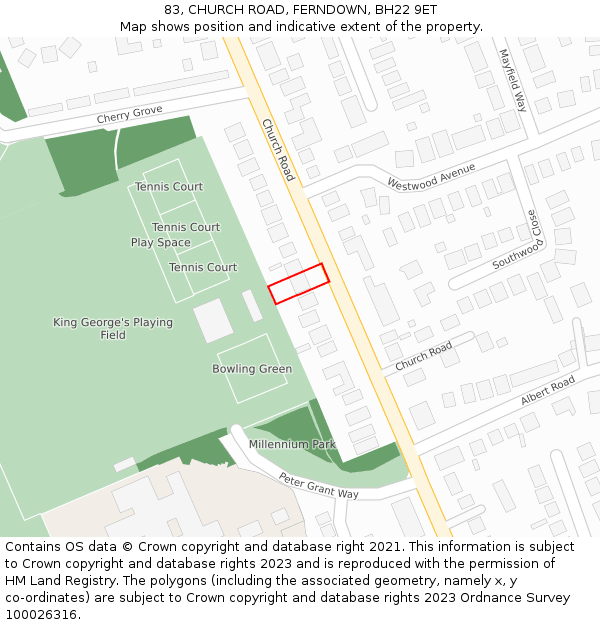 83, CHURCH ROAD, FERNDOWN, BH22 9ET: Location map and indicative extent of plot