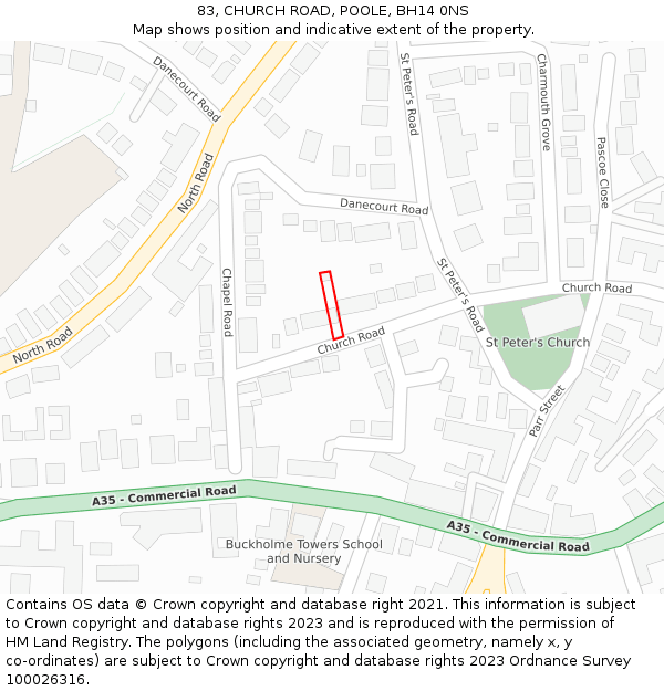 83, CHURCH ROAD, POOLE, BH14 0NS: Location map and indicative extent of plot