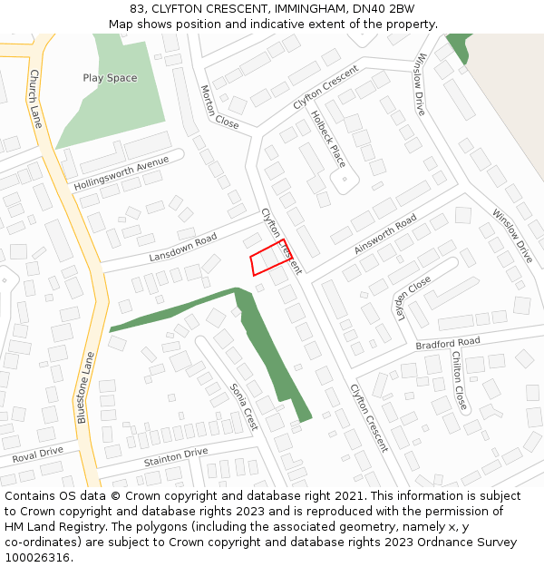 83, CLYFTON CRESCENT, IMMINGHAM, DN40 2BW: Location map and indicative extent of plot