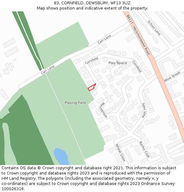 83, CORNFIELD, DEWSBURY, WF13 3UZ: Location map and indicative extent of plot